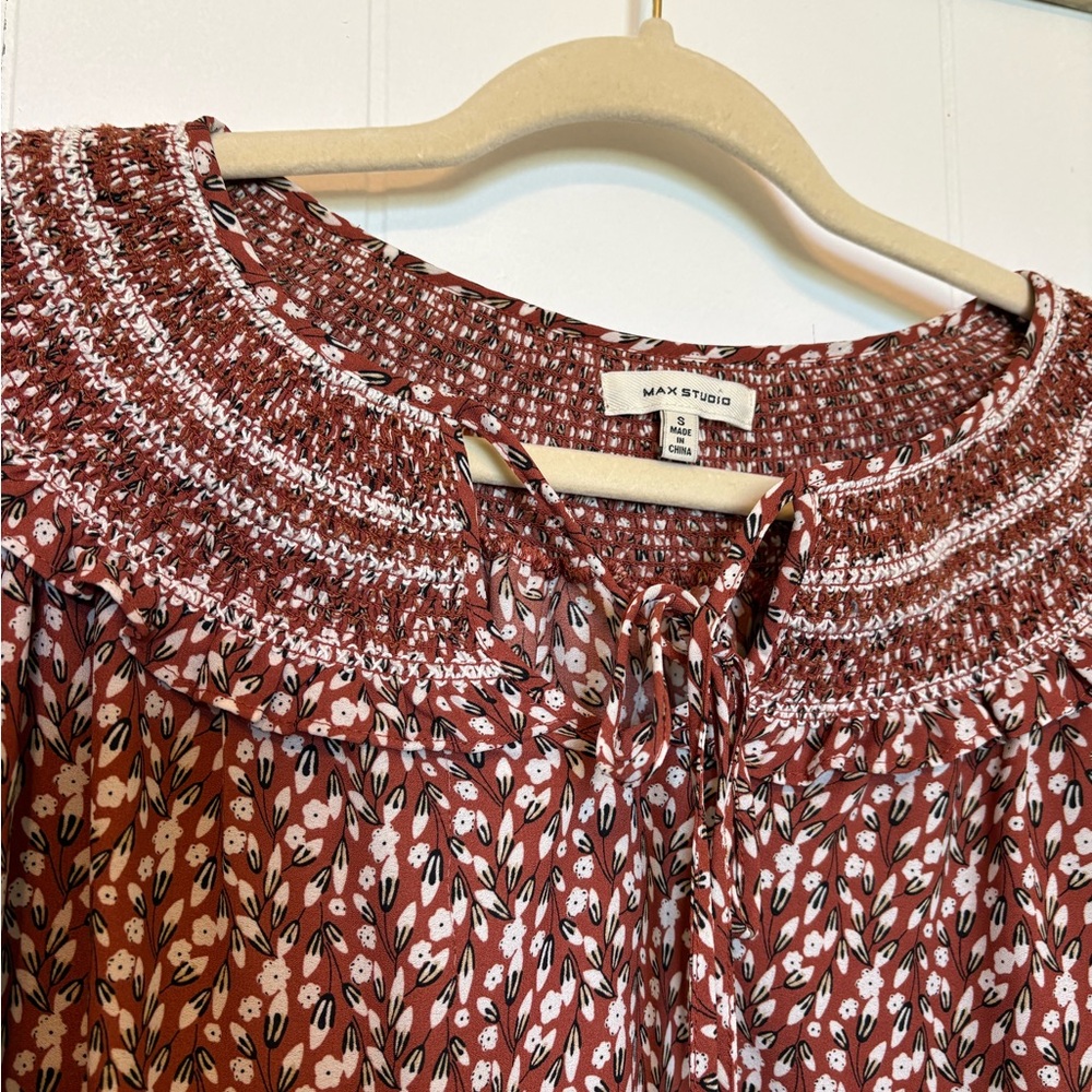 Max Studio Rust Floral Smocked-Neck Blouse - Picture 3 of 3